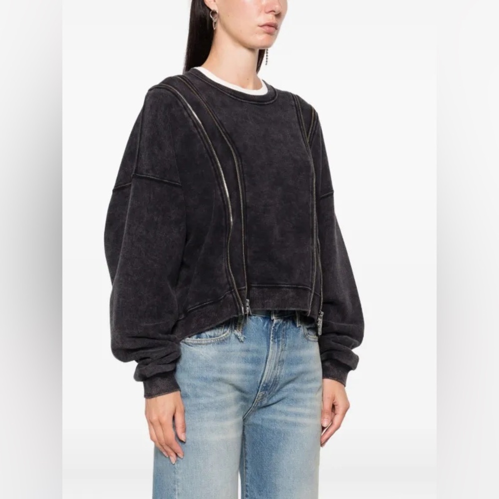 R13 Zippered Crewneck Sweatshirt in Washed Black - size M - Picture 2 of 12